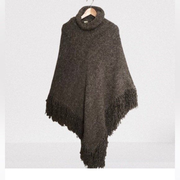 Other - Hand Knit Boho Cozy Brown Fringed Knit Poncho